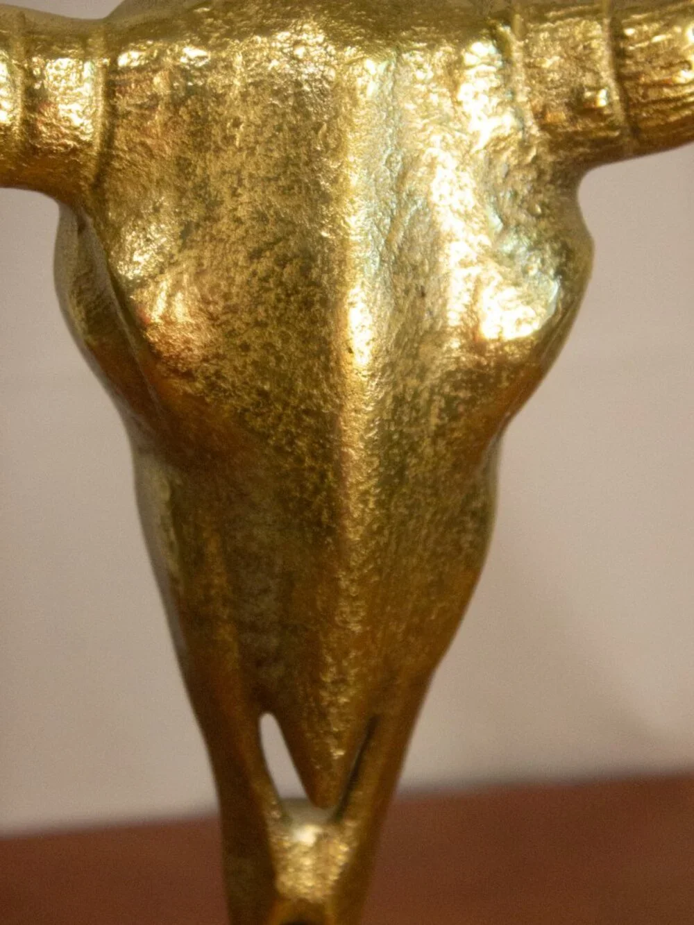Gold Bull Skull Sculpture on Wood Base – Western Boho Décor – 14” Tabletop Metal